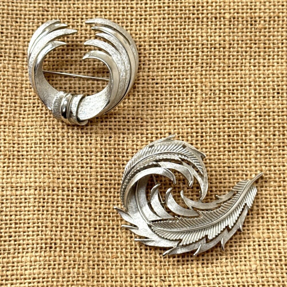 2X Vintage Trifari and PIM Silver Tone Brooch Leaf Swirl Whimsical Textured 3D